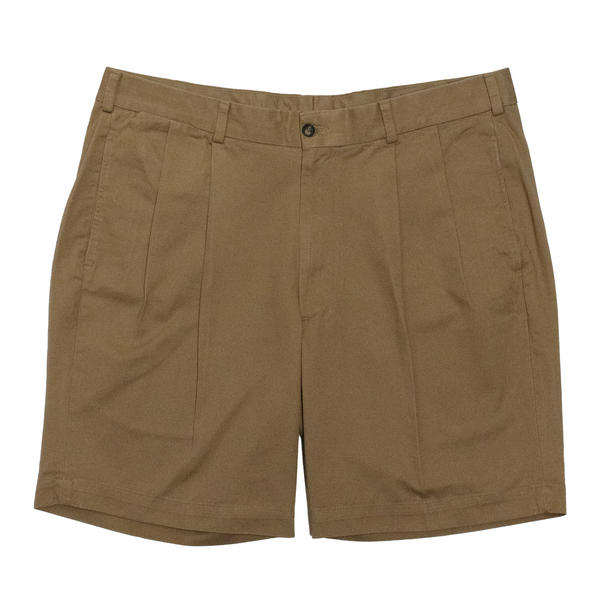 Dark Khaki Pleated Combed Cotton Shorts - Classic Fit